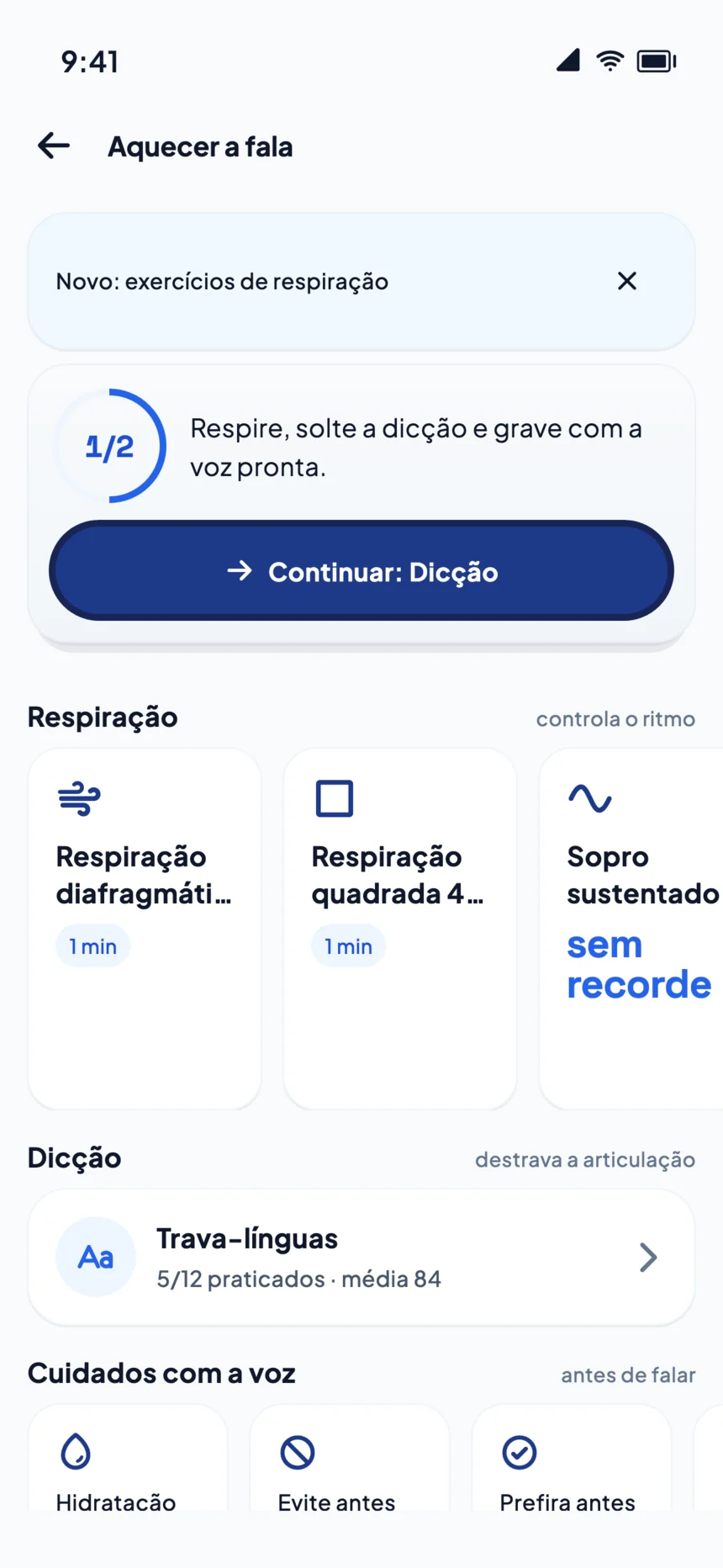 Aquecer a fala: respiração diafragmática, respiração quadrada, sopro sustentado e trava-línguas
